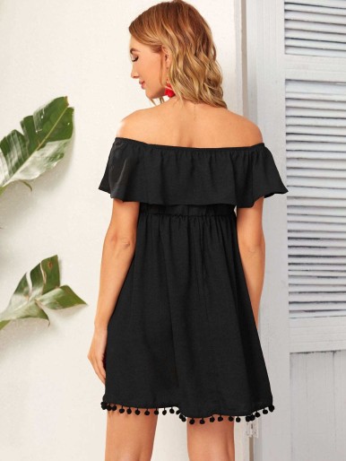 SHEIN Maternity Flounce Off Shoulder Pompom Detail Dress