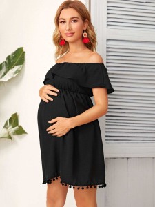 SHEIN Maternity Flounce Off Shoulder Pompom Detail Dress