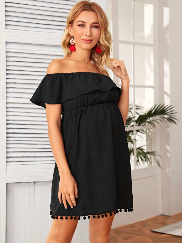 SHEIN Maternity Flounce Off Shoulder Pompom Detail Dress