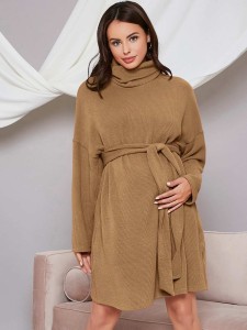 SHEIN Maternity Funnel Neck Drop Shoulder Rib-knit Belted Dress