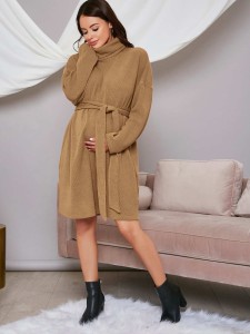 SHEIN Maternity Funnel Neck Drop Shoulder Rib-knit Belted Dress