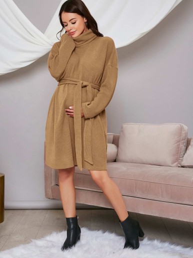 SHEIN Maternity Funnel Neck Drop Shoulder Rib-knit Belted Dress