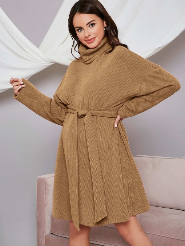 SHEIN Maternity Funnel Neck Drop Shoulder Rib-knit Belted Dress