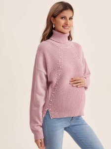 SHEIN Maternity High Neck Drop Shoulder Pearls Beaded Sweater