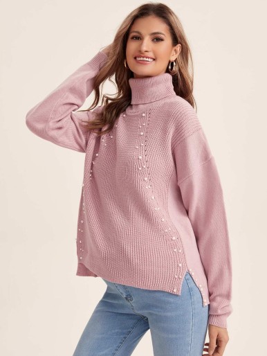 SHEIN Maternity High Neck Drop Shoulder Pearls Beaded Sweater