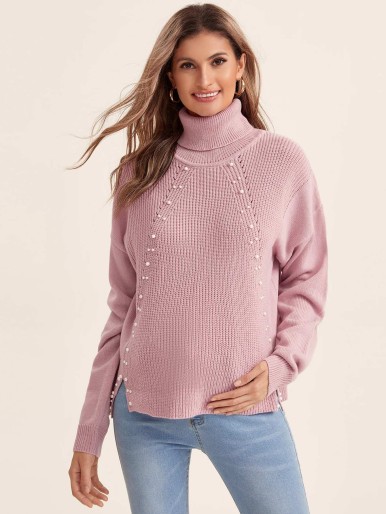 SHEIN Maternity High Neck Drop Shoulder Pearls Beaded Sweater