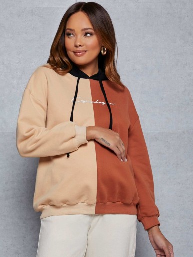 SHEIN Maternity Letter Embroidery Colorblock Hoodie