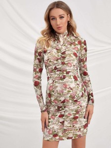 SHEIN Maternity Mock Neck Ruched Detail Allover Floral Print Dress