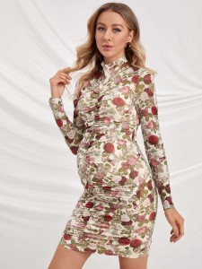 SHEIN Maternity Mock Neck Ruched Detail Allover Floral Print Dress