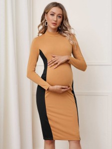 SHEIN Maternity Mock-neck Contrast Panel Side Pencil Dress