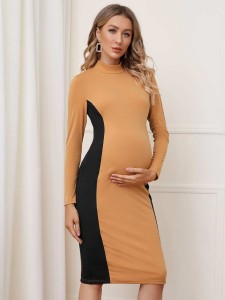 SHEIN Maternity Mock-neck Contrast Panel Side Pencil Dress