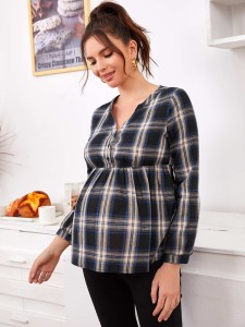 SHEIN Maternity Notch Neck Tartan Peplum Top