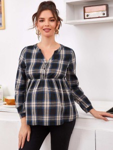 SHEIN Maternity Notch Neck Tartan Peplum Top