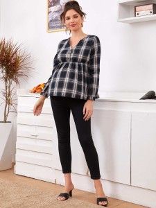 SHEIN Maternity Notch Neck Tartan Peplum Top