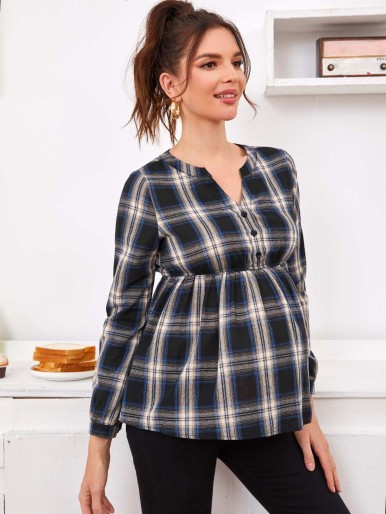 SHEIN Maternity Notch Neck Tartan Peplum Top