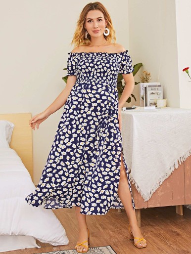 SHEIN Maternity Off Shoulder Shirred Bodice Split Side Floral Dress