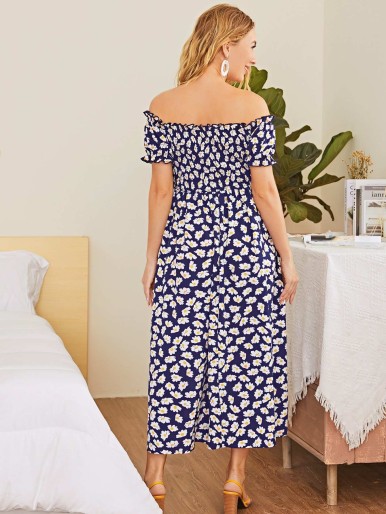 SHEIN Maternity Off Shoulder Shirred Bodice Split Side Floral Dress