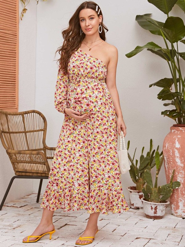 SHEIN Maternity One Shoulder Floral Print Flounce Hem Dress