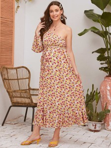 SHEIN Maternity One Shoulder Floral Print Flounce Hem Dress