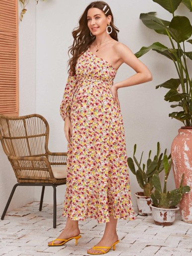 SHEIN Maternity One Shoulder Floral Print Flounce Hem Dress