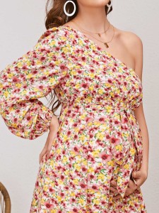 SHEIN Maternity One Shoulder Floral Print Flounce Hem Dress