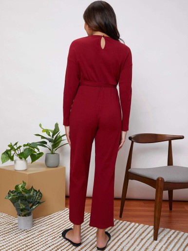 SHEIN Maternity Rib-knit Solid Belted Jumpsuit