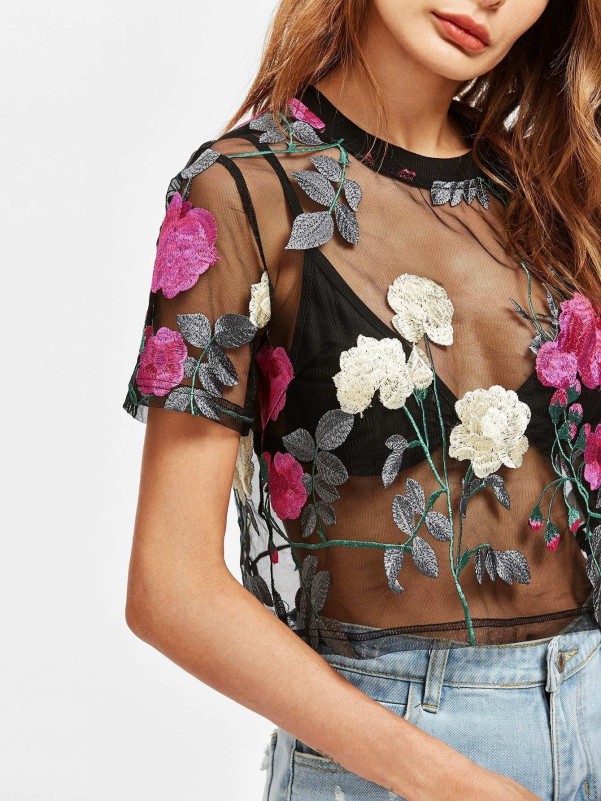 Flower Embroidered Mesh Top