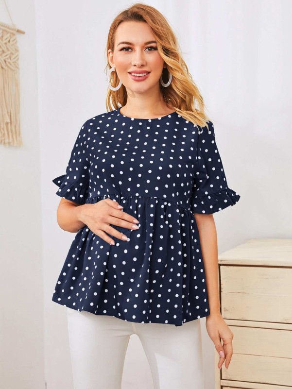 SHEIN Maternity Ruffle Cuff Polka Dot Smock Top