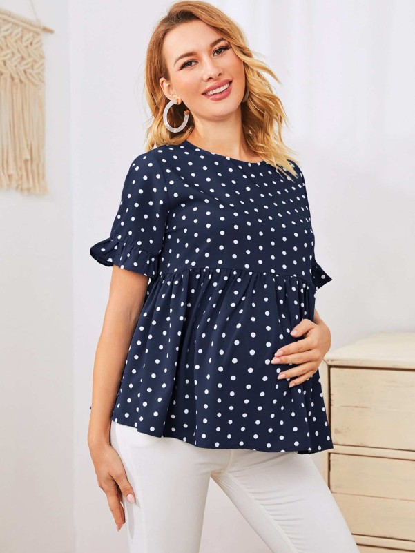 SHEIN Maternity Ruffle Cuff Polka Dot Smock Top