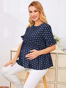 SHEIN Maternity Ruffle Cuff Polka Dot Smock Top