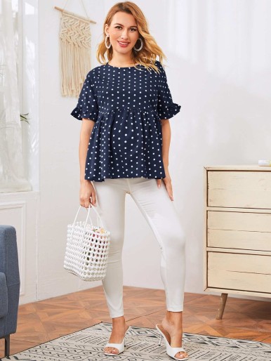 SHEIN Maternity Ruffle Cuff Polka Dot Smock Top