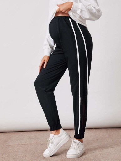 SHEIN Maternity Sheer Mesh Insert Striped Side Pants