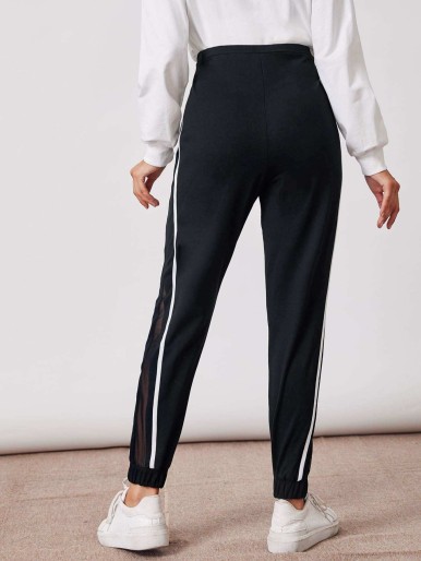 SHEIN Maternity Sheer Mesh Insert Striped Side Pants