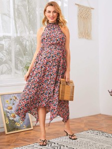 SHEIN Maternity Shirred Neck Asymmetrical Hem Floral Dress