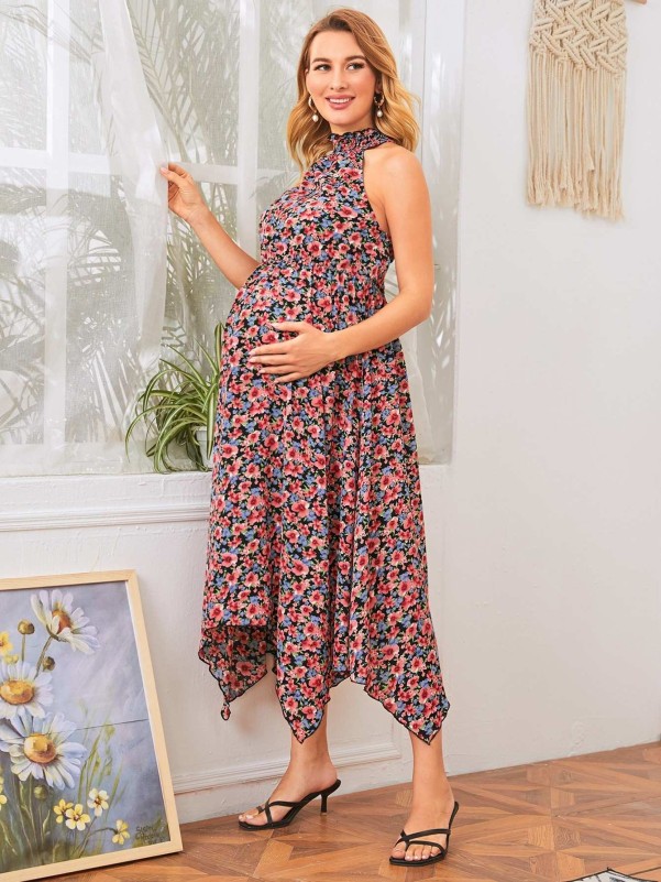 SHEIN Maternity Shirred Neck Asymmetrical Hem Floral Dress