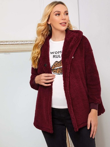 SHEIN Maternity Solid Teddy Hooded Coat