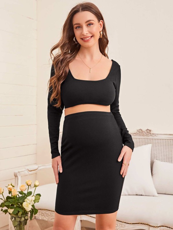 SHEIN Maternity Square Neck Crop Top & Skirt Set