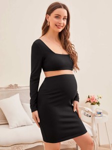 SHEIN Maternity Square Neck Crop Top & Skirt Set