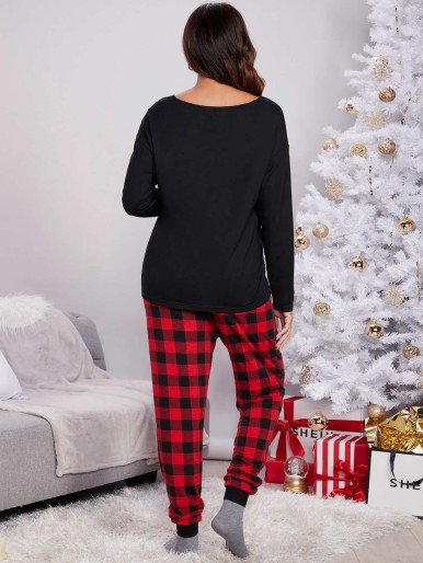 SHEIN Maternity V-neck Drop Shoulder Top and Buffalo Plaid Pants PJ Set