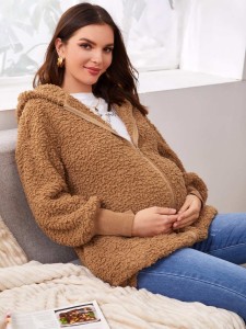 SHEIN Maternity Zip Up Hooded Teddy Jacket