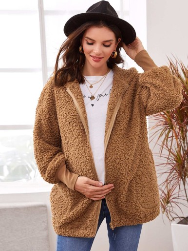 SHEIN Maternity Zip Up Hooded Teddy Jacket