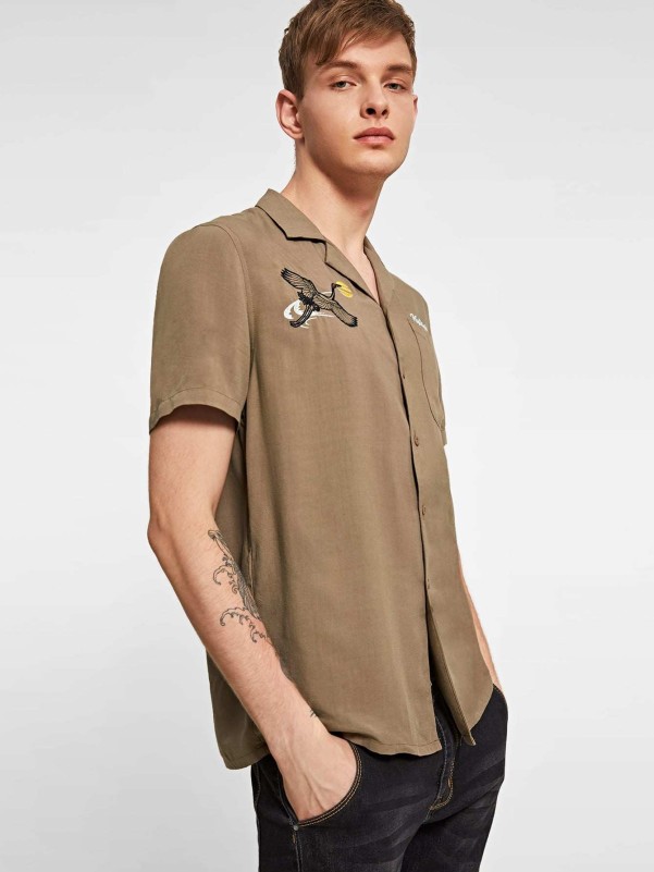 SHEIN Men Embroidered Letter and Red-crowned-crane Shirt
