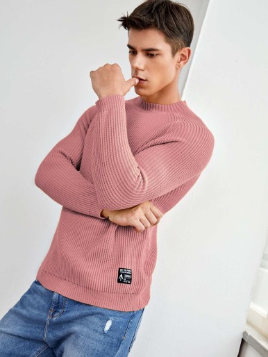 SHEIN Men Mock-neck Raglan Sleeve Patched Detail Sweater