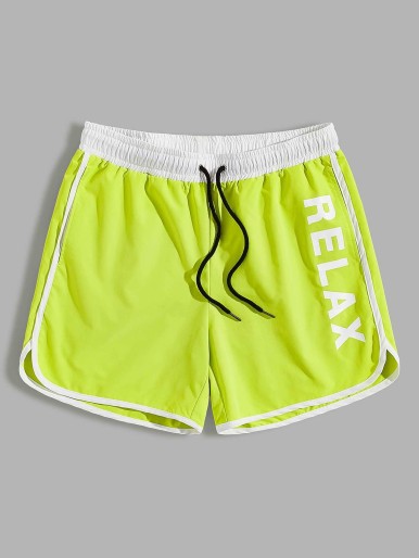 SHEIN Men Neon Lime Letter Graphic Contrast Binding Dolphin Shorts