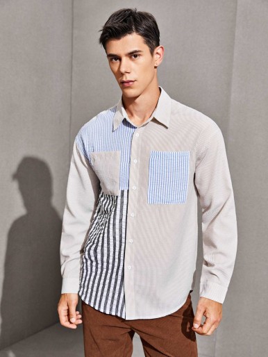 SHEIN Men Patch Pocket Colorblock Striped Shirt