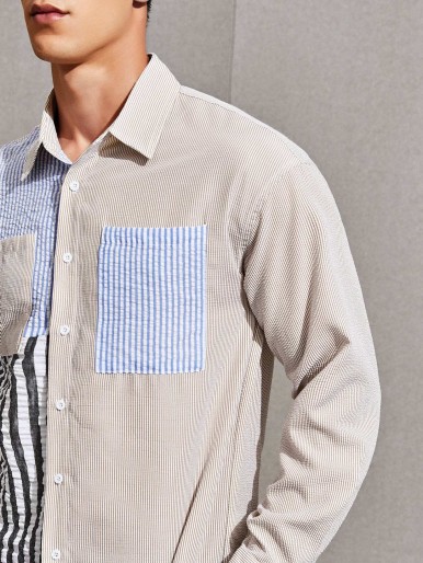 SHEIN Men Patch Pocket Colorblock Striped Shirt