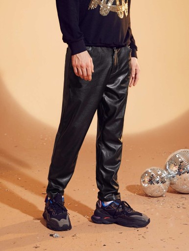 SHEIN Men Slant Pocket PU Leather Pants