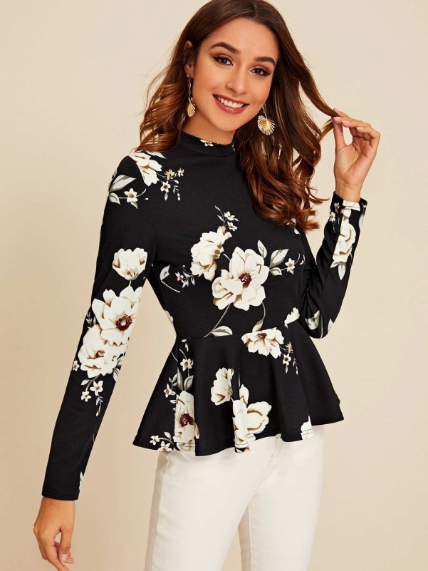 Shein Mock Neck Floral Print Peplum Top