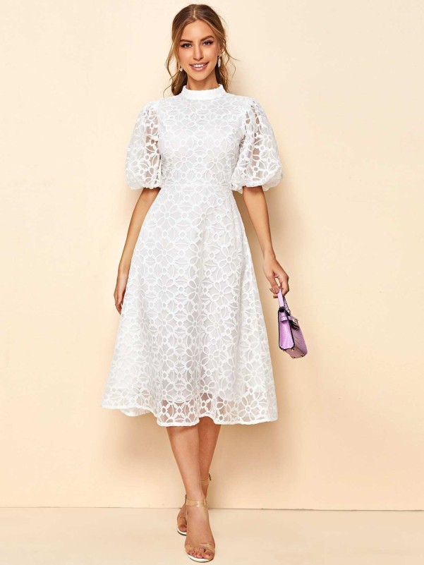 SHEIN Mock Neck Puff Sleeve Embroidered Mesh Overlay Dress