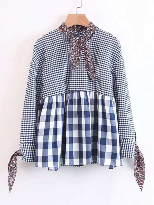 Calico Tie Gingham Babydoll Blouse